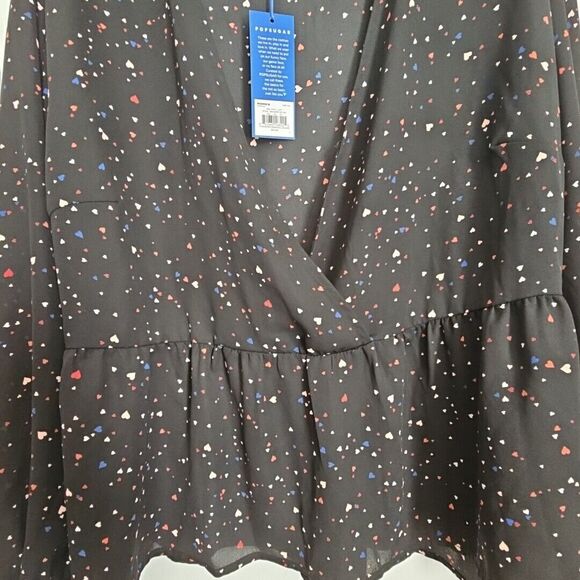 POPSUGAR Sheer Crossover Babydoll Top Blouse XXL Black Ditzy Hearts Cute Goth - Picture 9 of 15